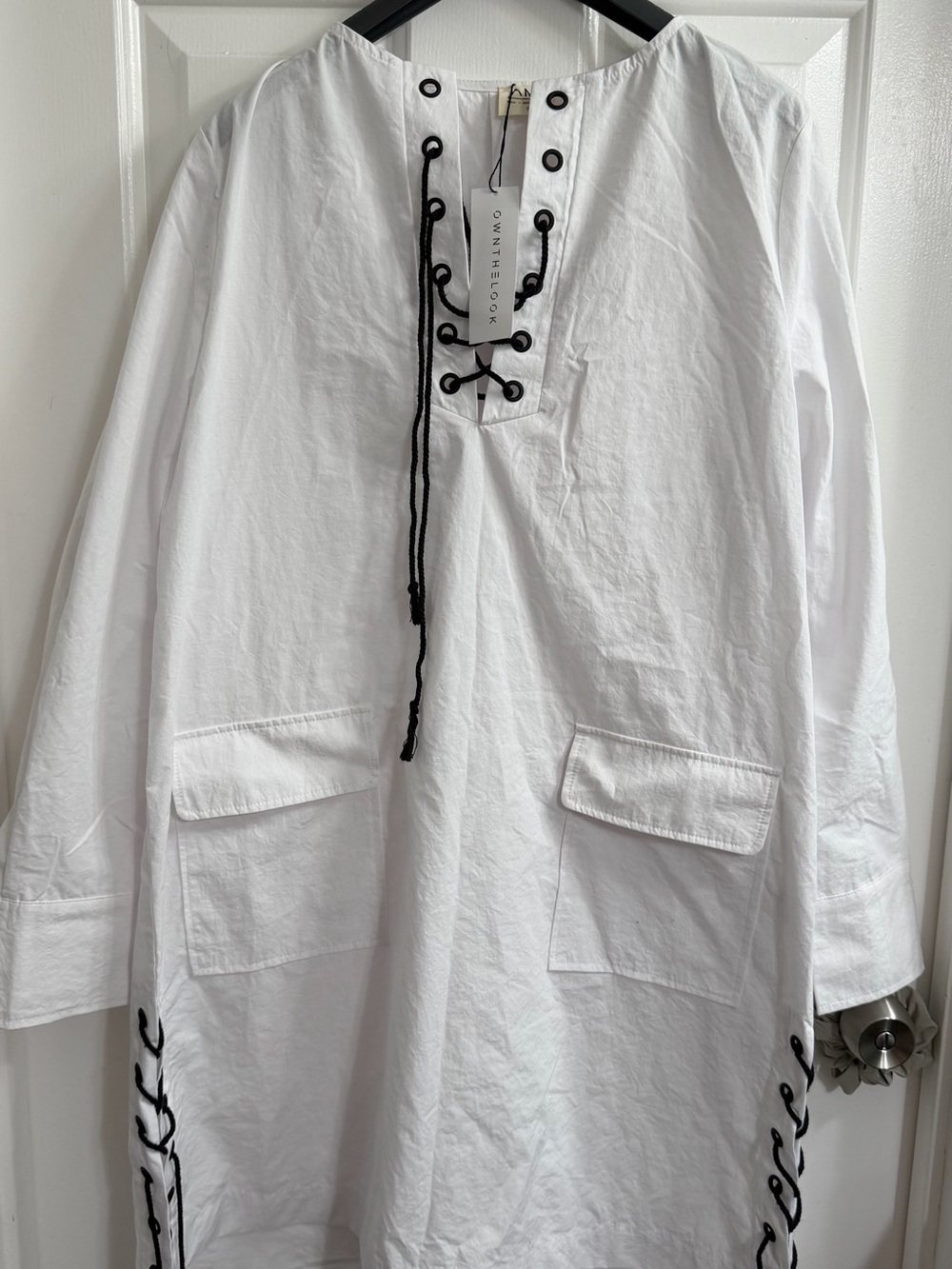 Sewn Lace-Up White Tunic with Black Trim